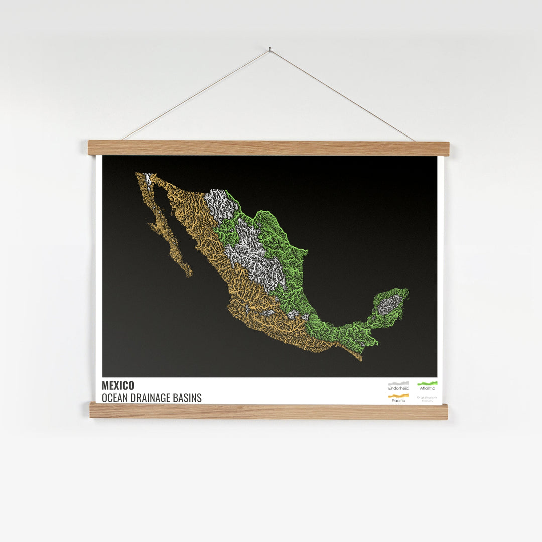 Mexico - Ocean drainage basin map, black with legend v1 - Fine Art Print with Hanger