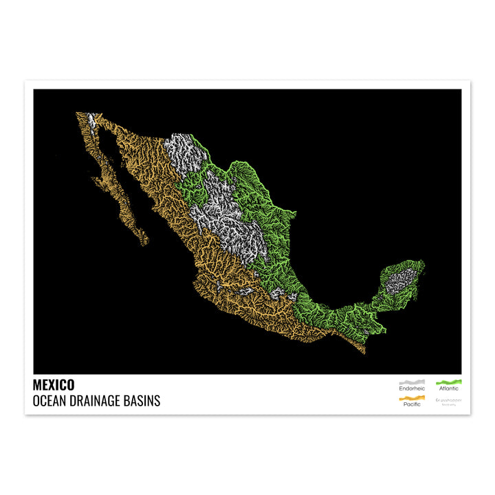 Mexique - Carte des bassins hydrographiques océaniques, noire avec légende v1 - Photo Art Print
