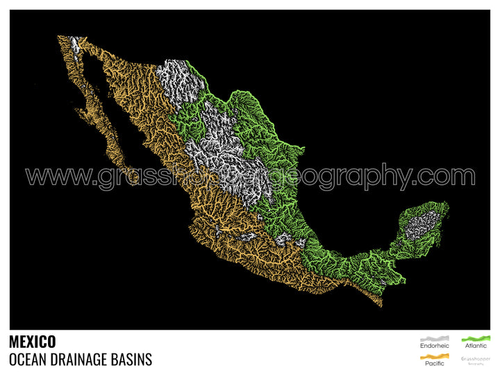 Mexico - Ocean drainage basin map, black with legend v1 - Fine Art Print