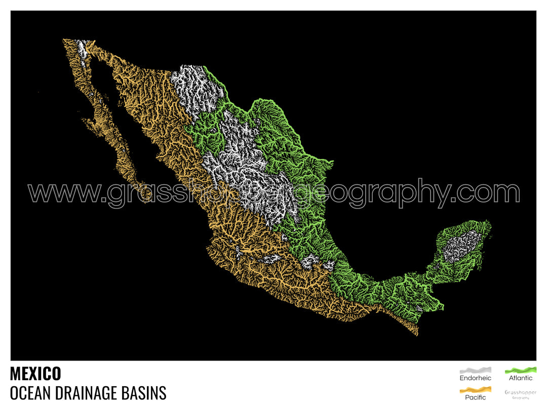 México - Mapa de la cuenca hidrográfica del océano, negro con leyenda v1 - Impresión fotográfica