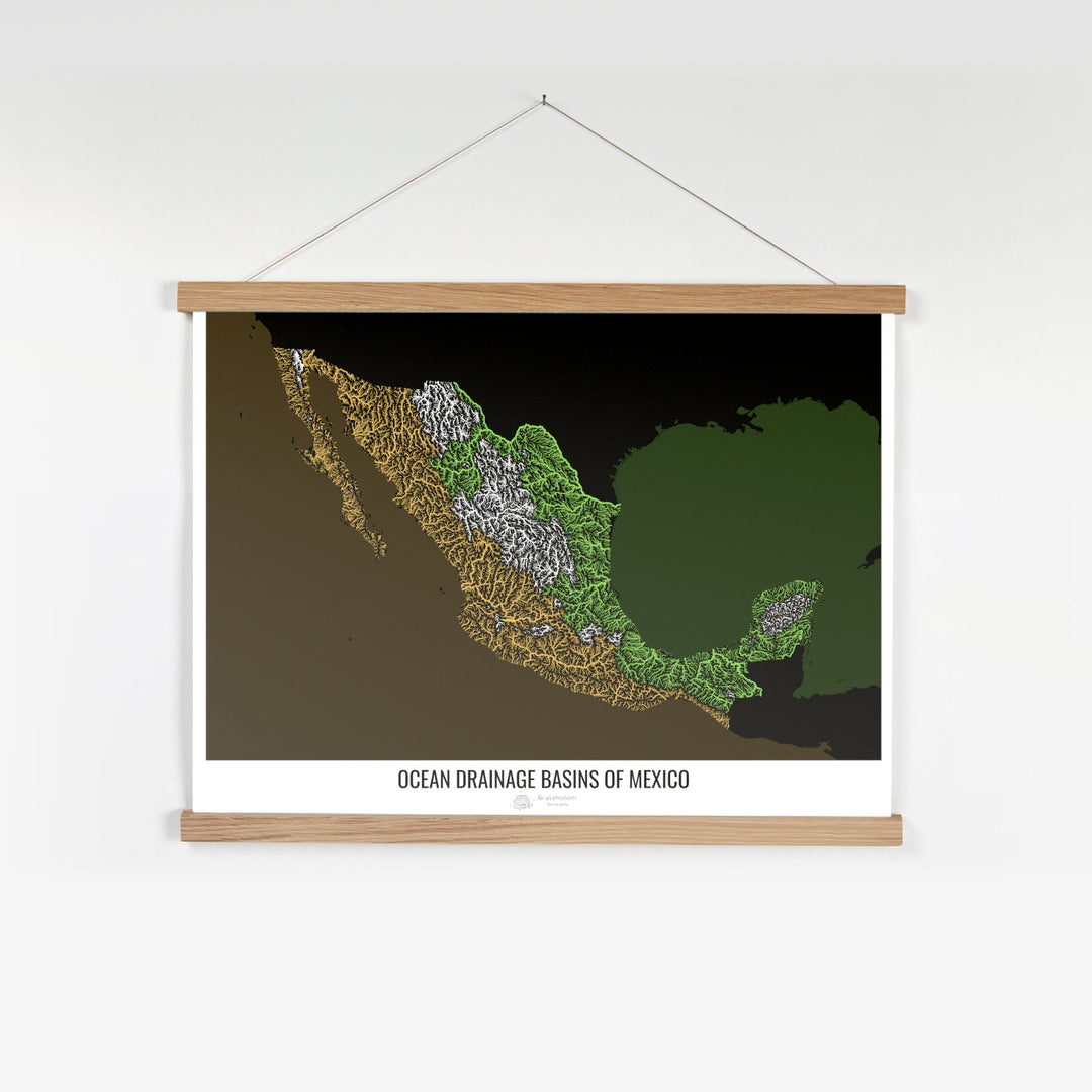 Mexique - Carte des bassins versants océaniques, noir v2 - Tirage d'art avec cintre