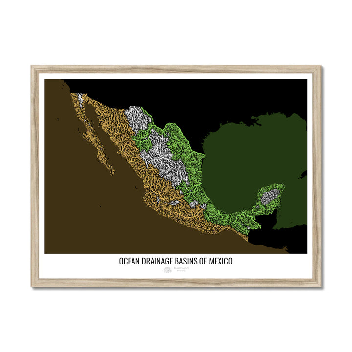 Mexico - Ocean drainage basin map, black v2 - Framed Print