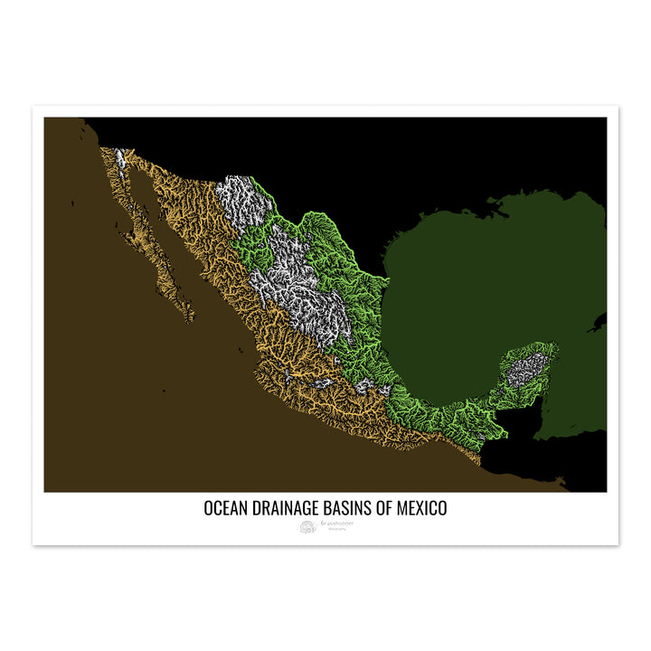 Mexico - Ocean drainage basin map, black v2 - Fine Art Print