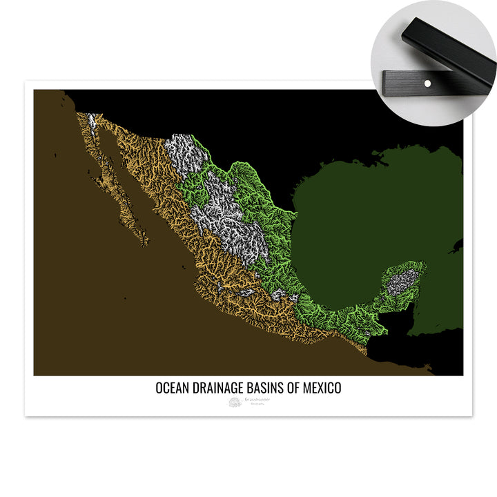 Mexico - Ocean drainage basin map, black v2 - Fine Art Print with Hanger