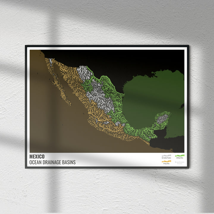 Mexico - Ocean drainage basin map, black with legend v2 - Fine Art Print