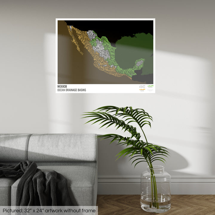 Mexico - Ocean drainage basin map, black with legend v2 - Photo Art Print