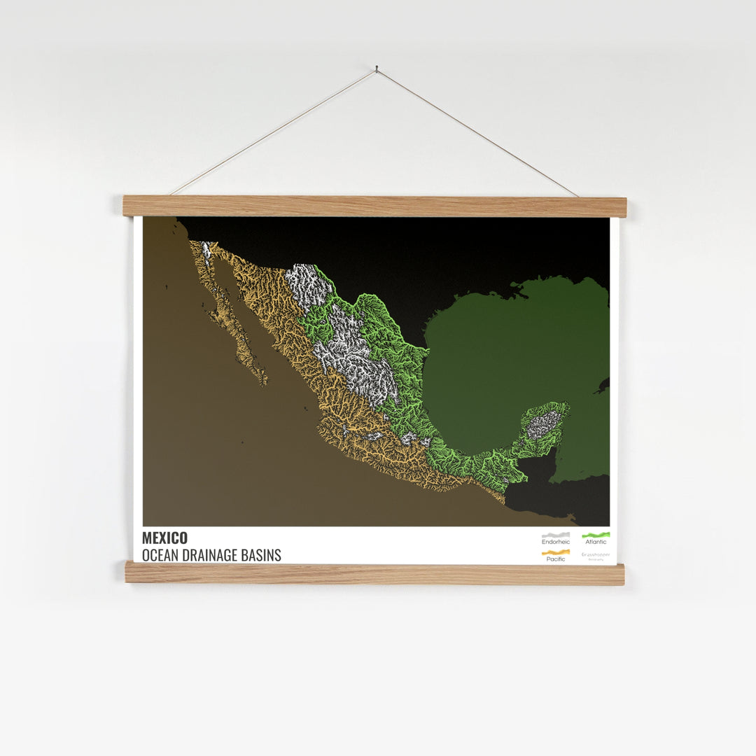 México - Mapa de la cuenca hidrográfica del océano, negro con leyenda v2 - Impresión artística con colgador