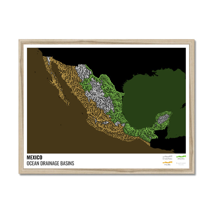 México - Mapa de la cuenca hidrográfica del océano, negro con leyenda v2 - Lámina enmarcada