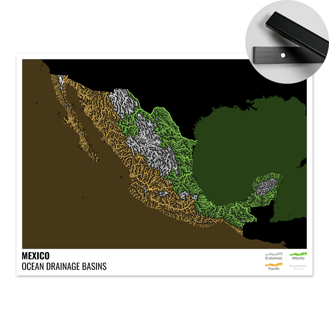 Mexique - Carte des bassins versants océaniques, noire avec légende v2 - Tirage d'art avec cintre