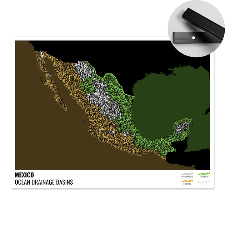 Mexico - Ocean drainage basin map, black with legend v2 - Fine Art Print with Hanger