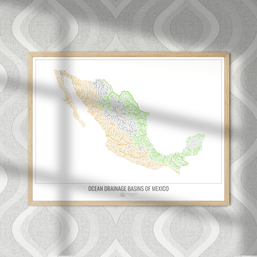 México - Mapa da bacia de drenagem oceânica, branco v1 - Impressão de arte fotográfica