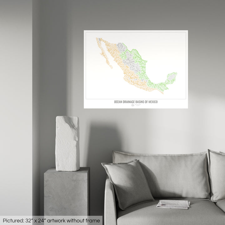 México - Mapa da bacia de drenagem oceânica, branco v1 - Impressão de arte fotográfica