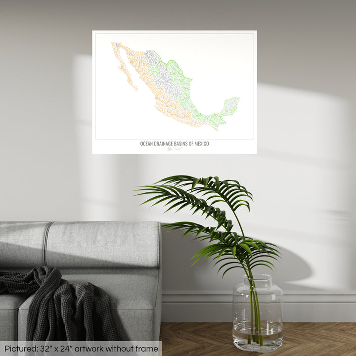 México - Mapa de la cuenca hidrográfica del océano, blanco v1 - Impresión de bellas artes