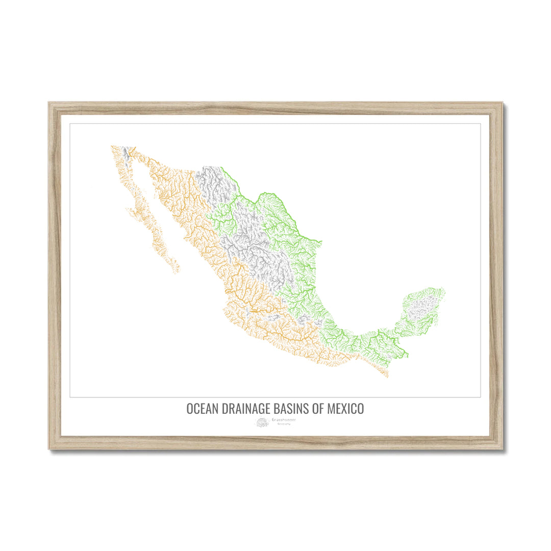 México - Mapa de la cuenca hidrográfica del océano, blanco v1 - Lámina enmarcada