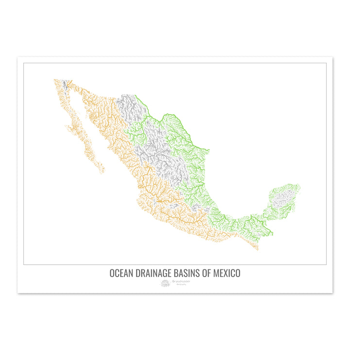 México - Mapa da bacia de drenagem oceânica, branco v1 - Impressão de arte fotográfica