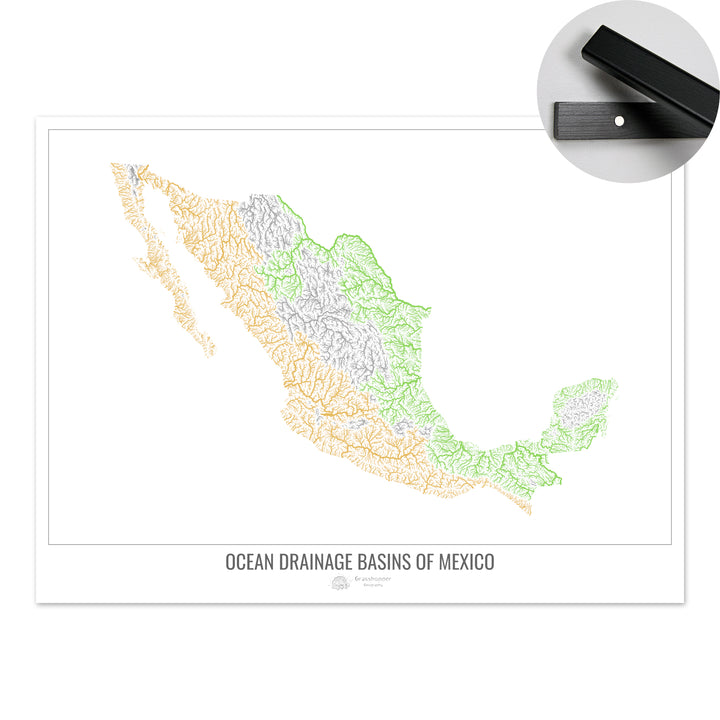 Mexico - Ocean drainage basin map, white v1 - Fine Art Print with Hanger