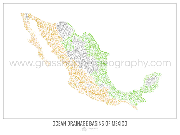 México - Mapa de la cuenca hidrográfica del océano, blanco v1 - Impresión de bellas artes