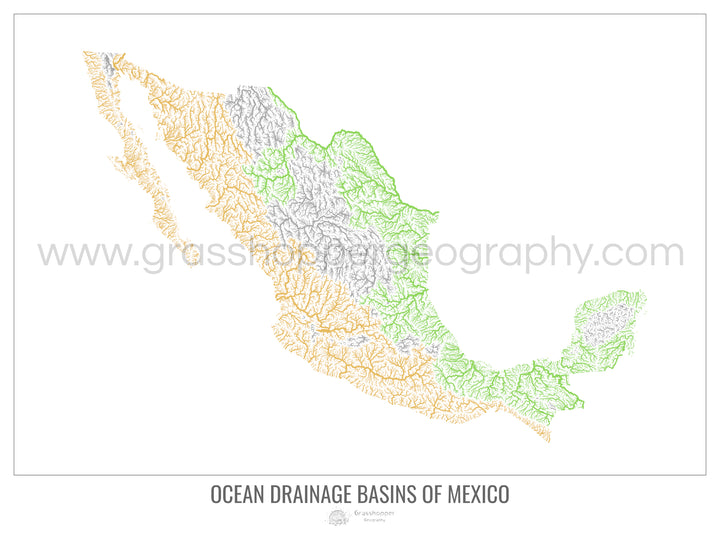 México - Mapa da bacia de drenagem oceânica, branco v1 - Impressão de arte fotográfica