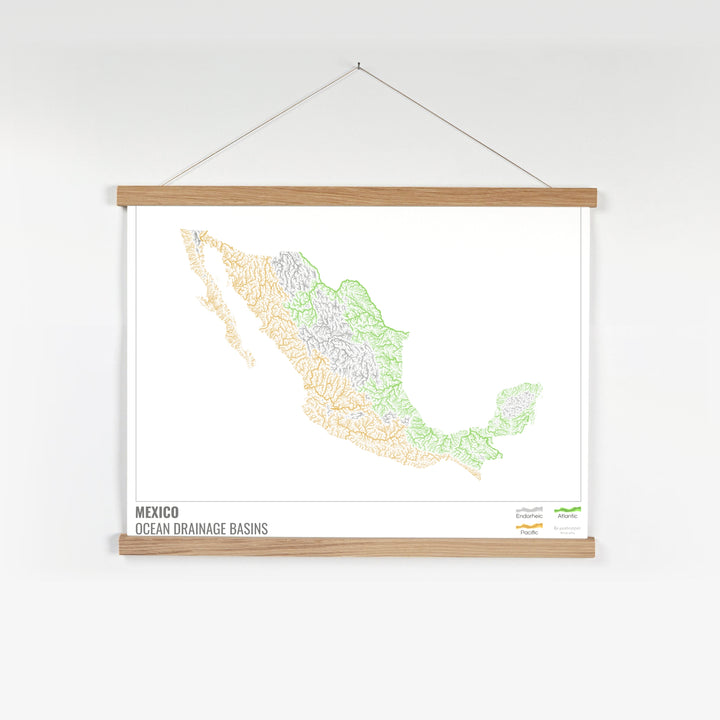 Mexique - Carte des bassins versants océaniques, blanche avec légende v1 - Tirage d'art avec cintre