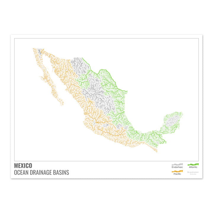 Mexico - Ocean drainage basin map, white with legend v1 - Fine Art Print