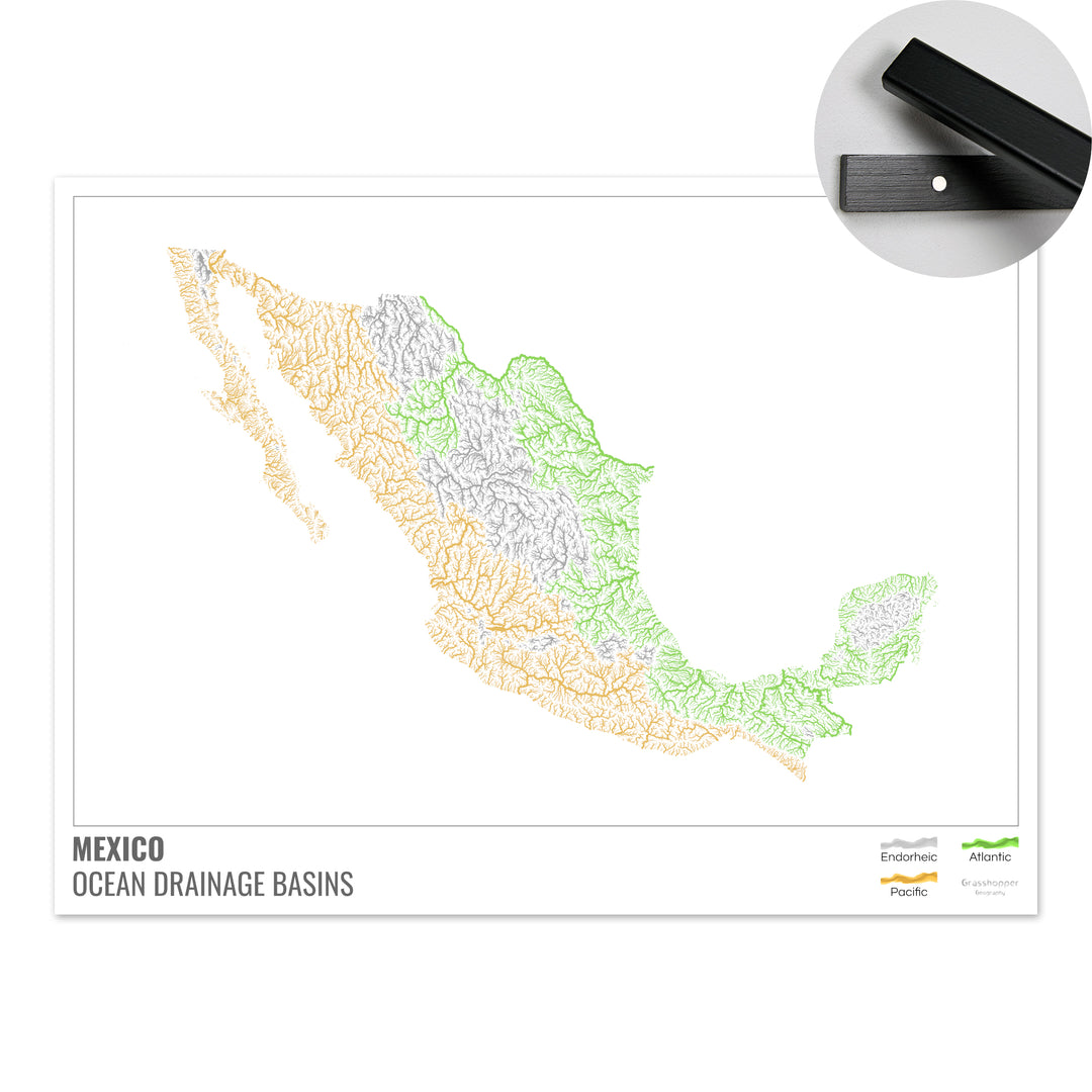 México - Mapa de la cuenca hidrográfica del océano, blanco con leyenda v1 - Impresión artística con colgador