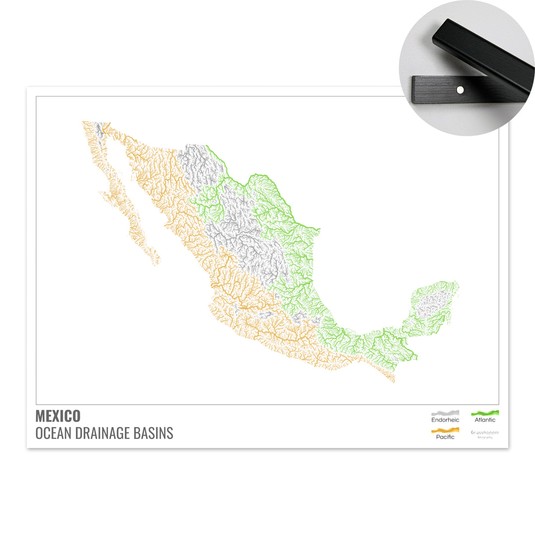 Mexico - Ocean drainage basin map, white with legend v1 - Fine Art Print with Hanger