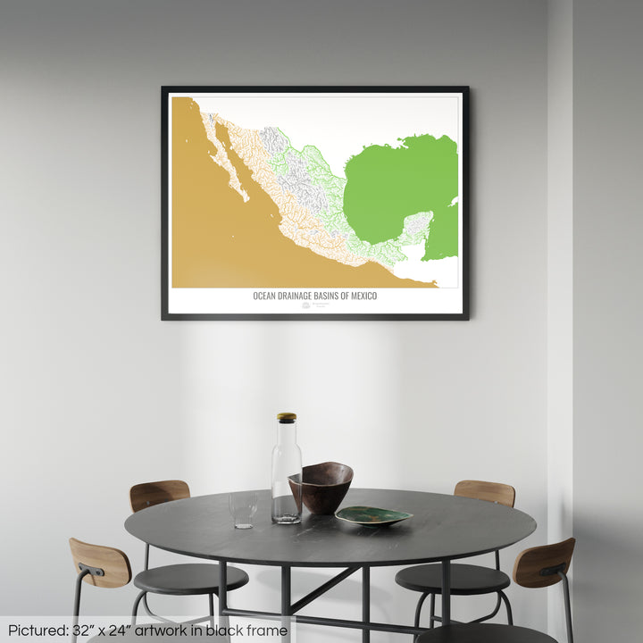 Mexico - Ocean drainage basin map, white v2 - Framed Print
