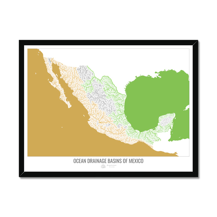 Mexico - Ocean drainage basin map, white v2 - Framed Print