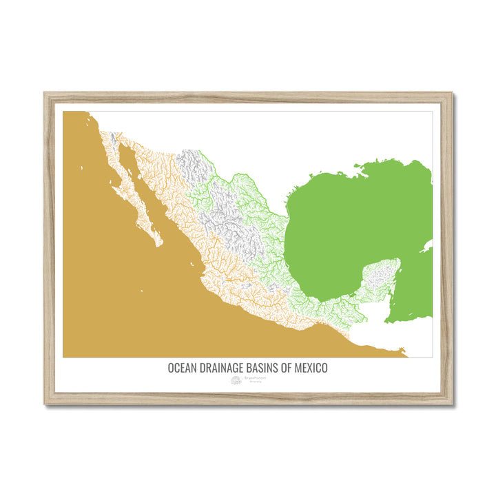 Mexico - Ocean drainage basin map, white v2 - Framed Print