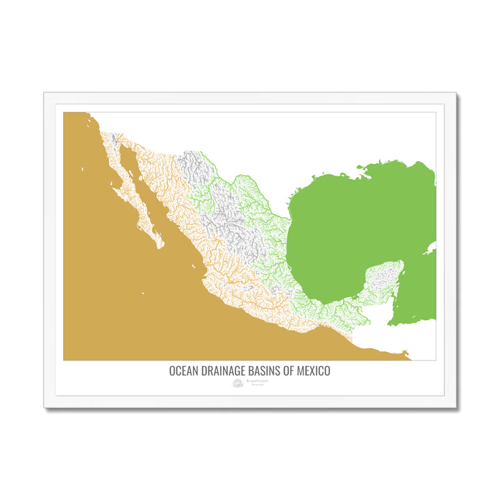 Mexico - Ocean drainage basin map, white v2 - Framed Print