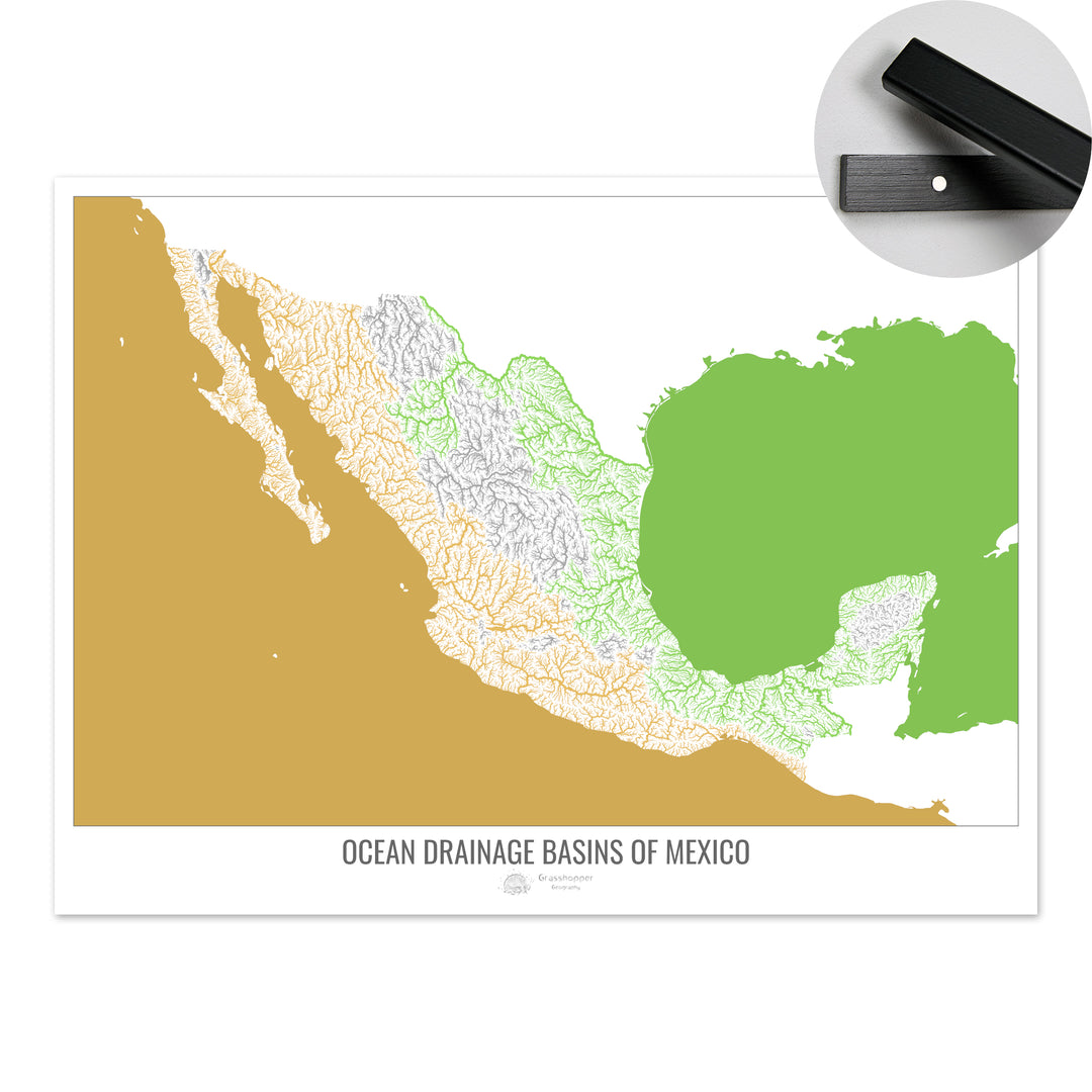 Mexico - Ocean drainage basin map, white v2 - Fine Art Print with Hanger