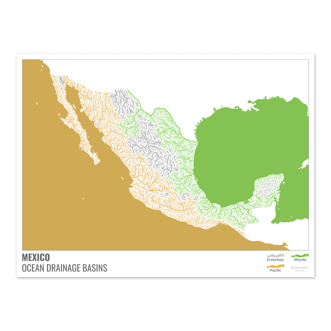 Mexico - Ocean drainage basin map, white with legend v2 - Fine Art Print
