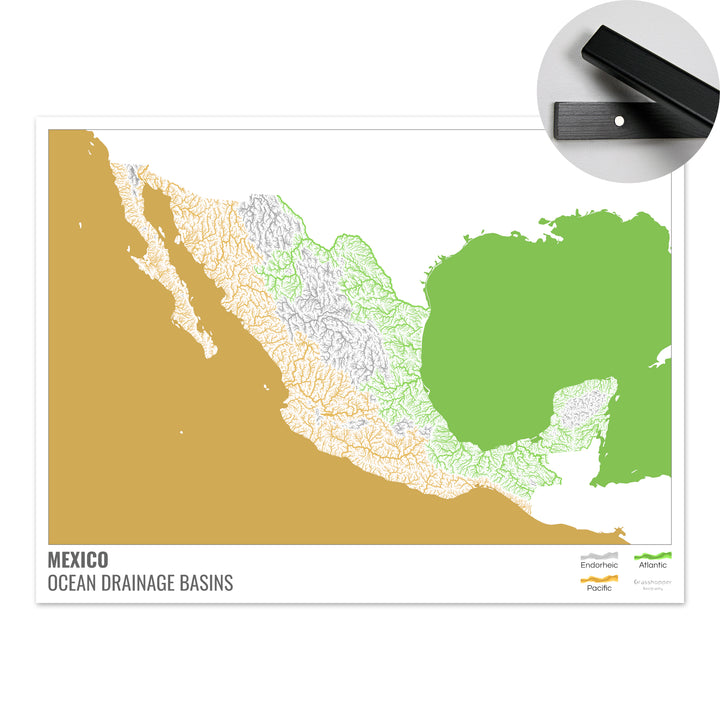 Mexico - Ocean drainage basin map, white with legend v2 - Fine Art Print with Hanger