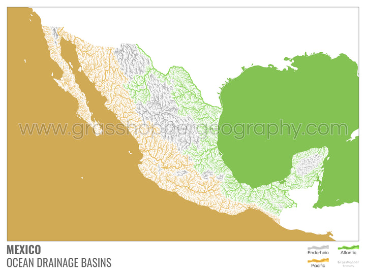 Mexique - Carte des bassins hydrographiques océaniques, blanche avec légende v2 - Tirage photo artistique