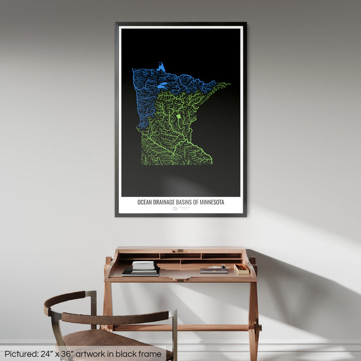 Minnesota - Ocean drainage basin map, black v1 - Framed Print
