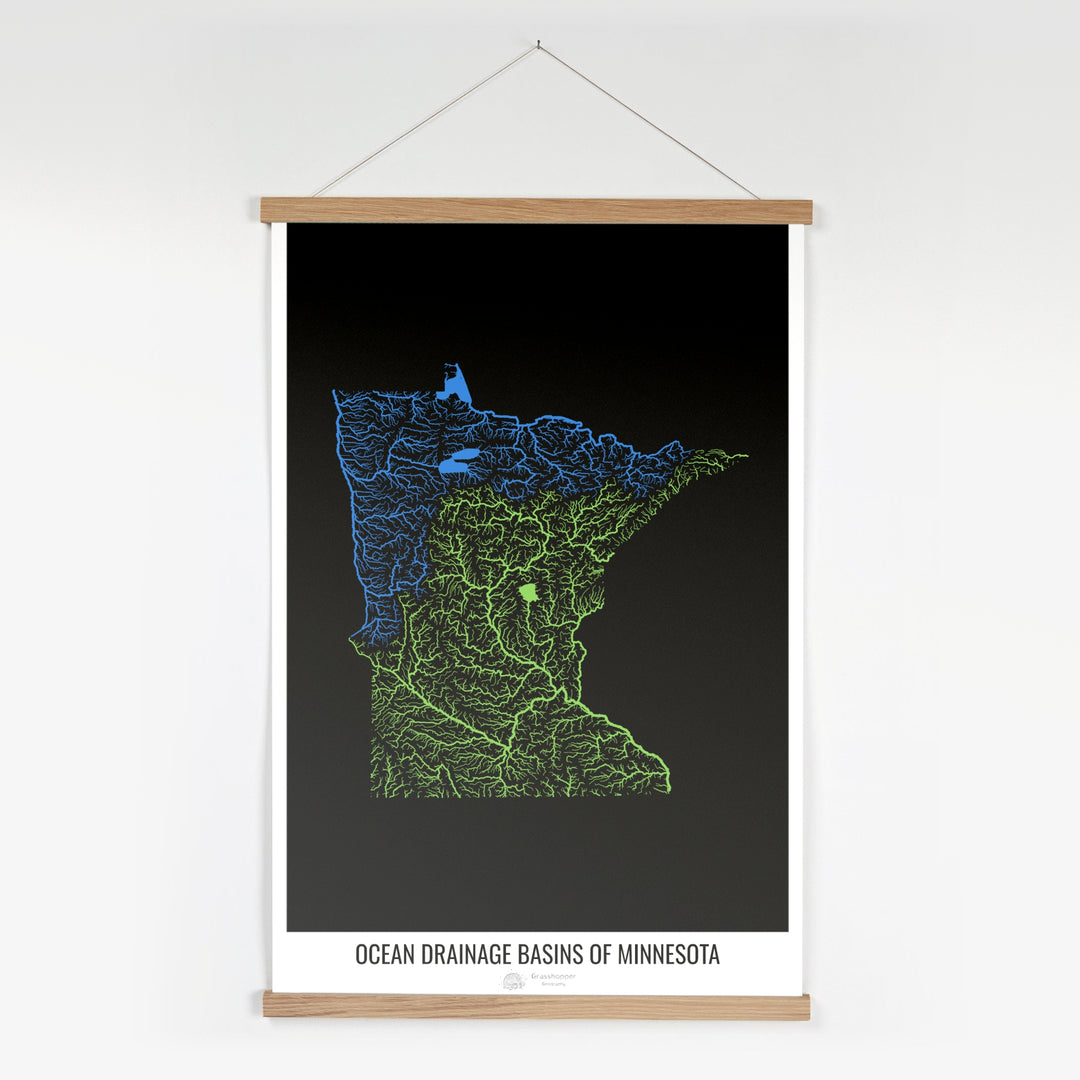 Minnesota - Carte du bassin versant océanique, noir v1 - Tirage d'art avec cintre