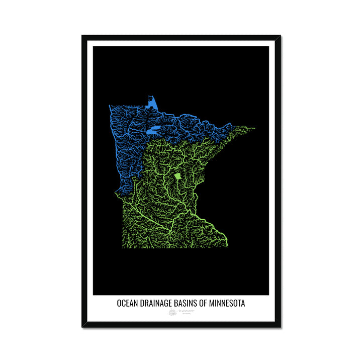 Minnesota - Carte du bassin versant océanique, noir v1 - Impression encadrée