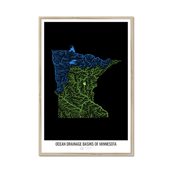 Minnesota - Carte du bassin versant océanique, noir v1 - Impression encadrée