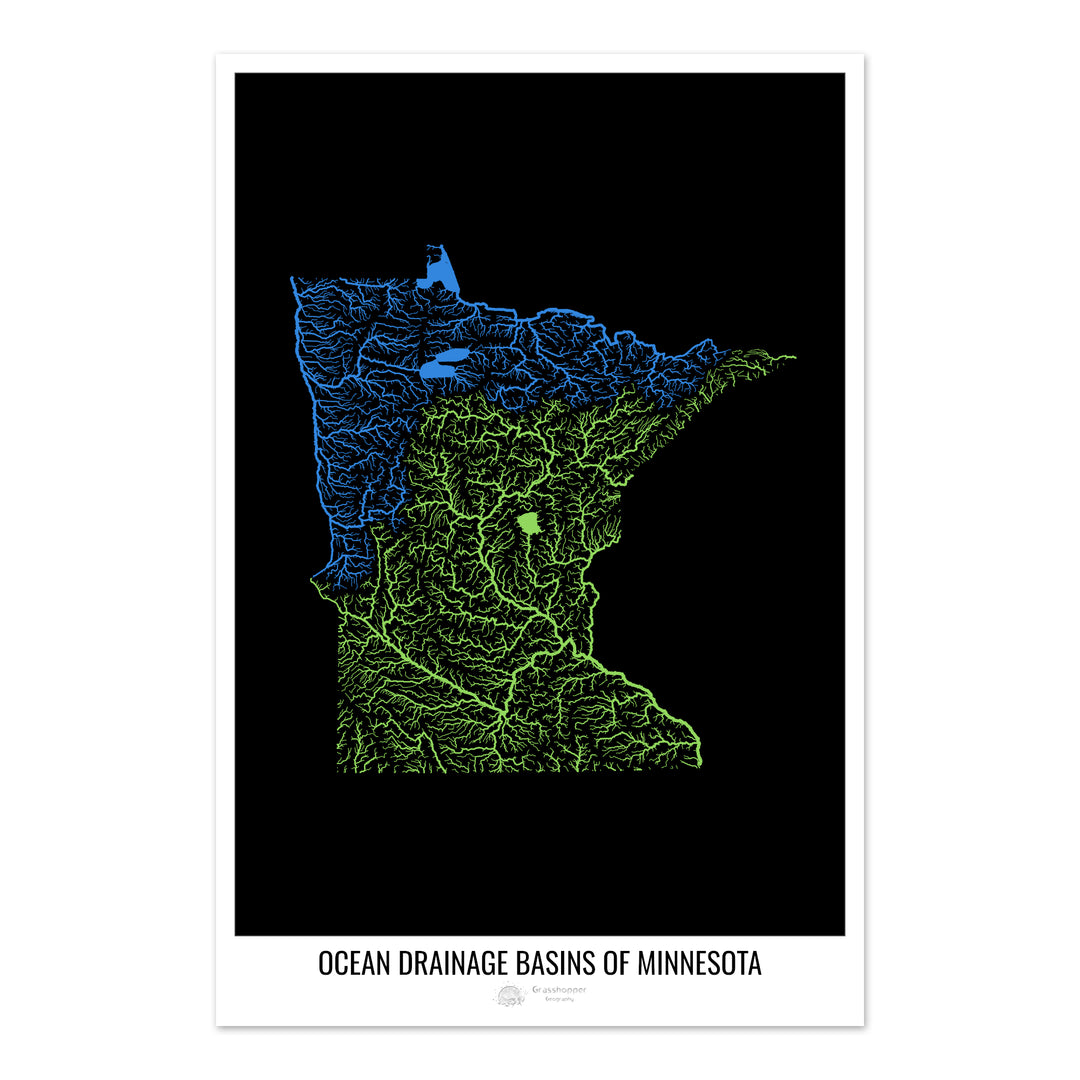 Minnesota - Carte du bassin versant océanique, noir v1 - Fine Art Print