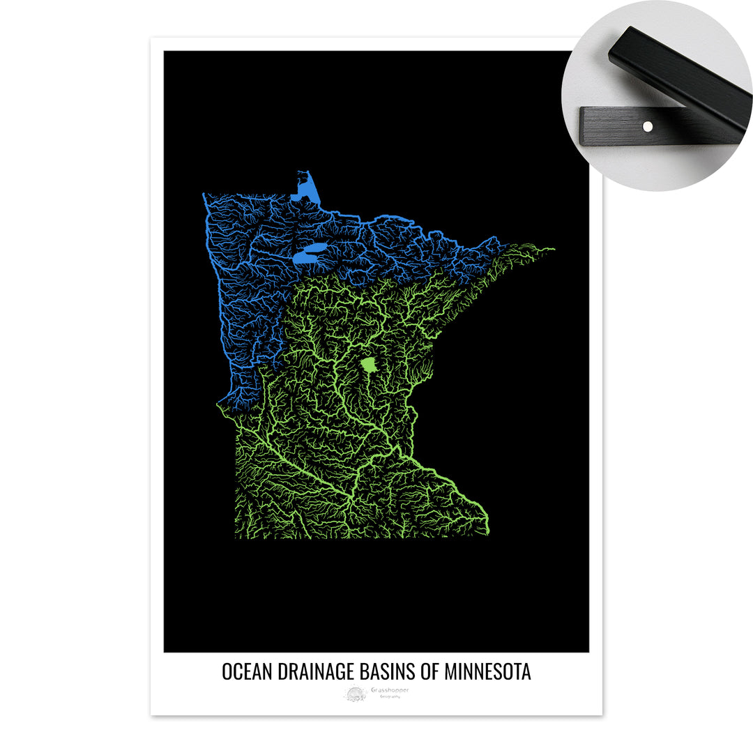 Minnesota - Mapa de la cuenca de drenaje oceánico, negro v1 - Impresión artística con colgador