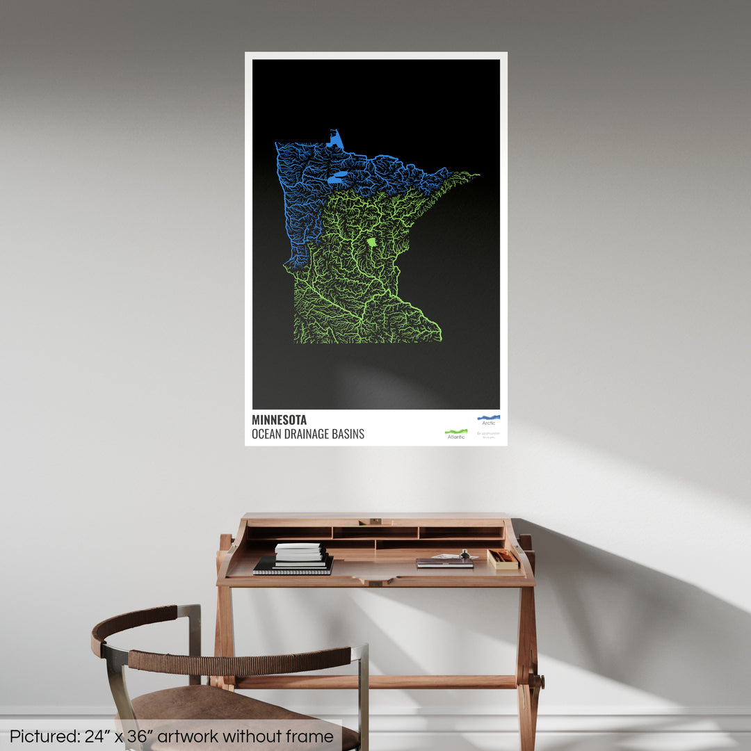 Minnesota - Mapa de la cuenca hidrográfica del océano, negro con leyenda v1 - Impresión fotográfica