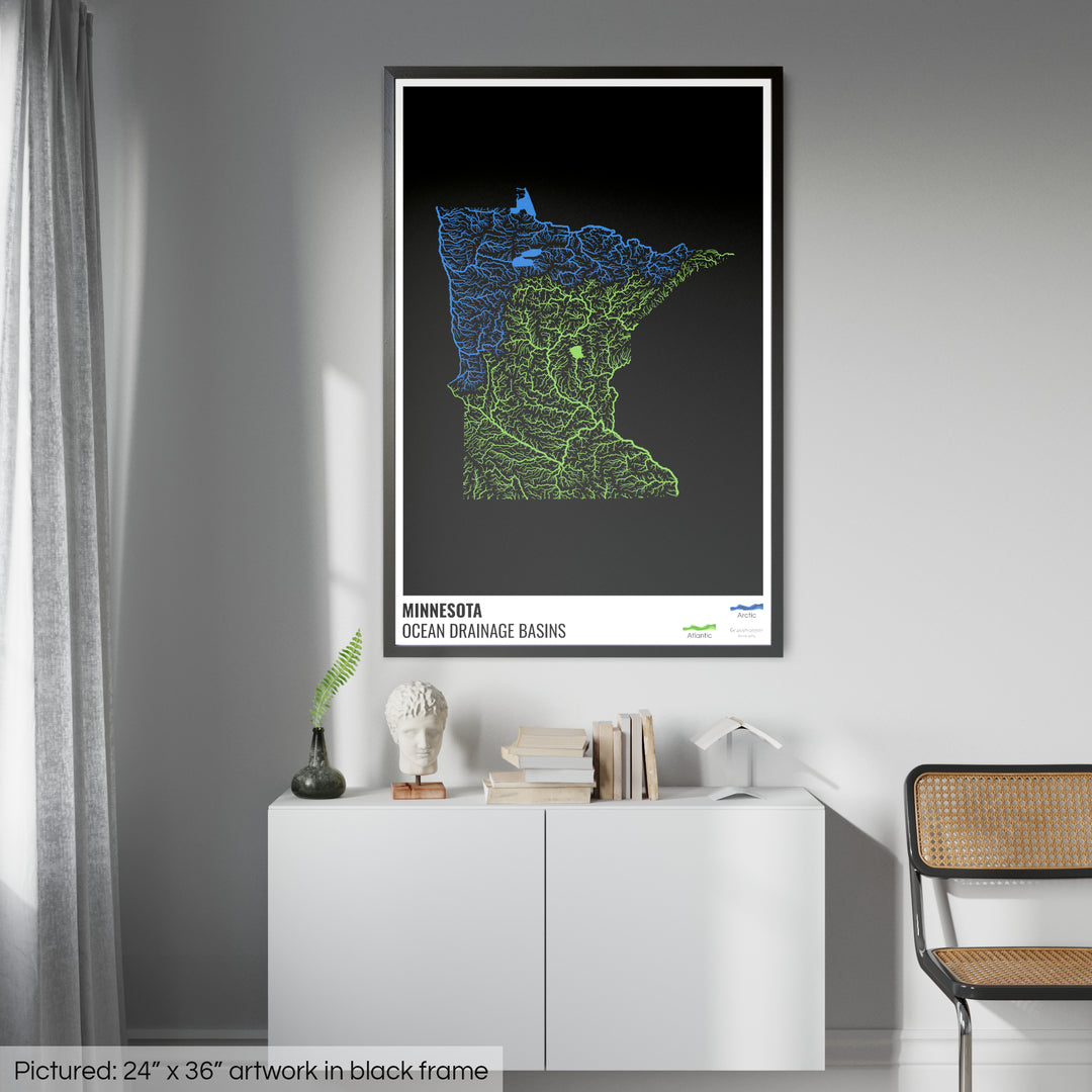 Minnesota - Ocean drainage basin map, black with legend v1 - Framed Print