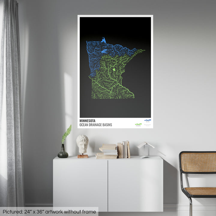 Minnesota - Carte du bassin versant océanique, noire avec légende v1 - Fine Art Print