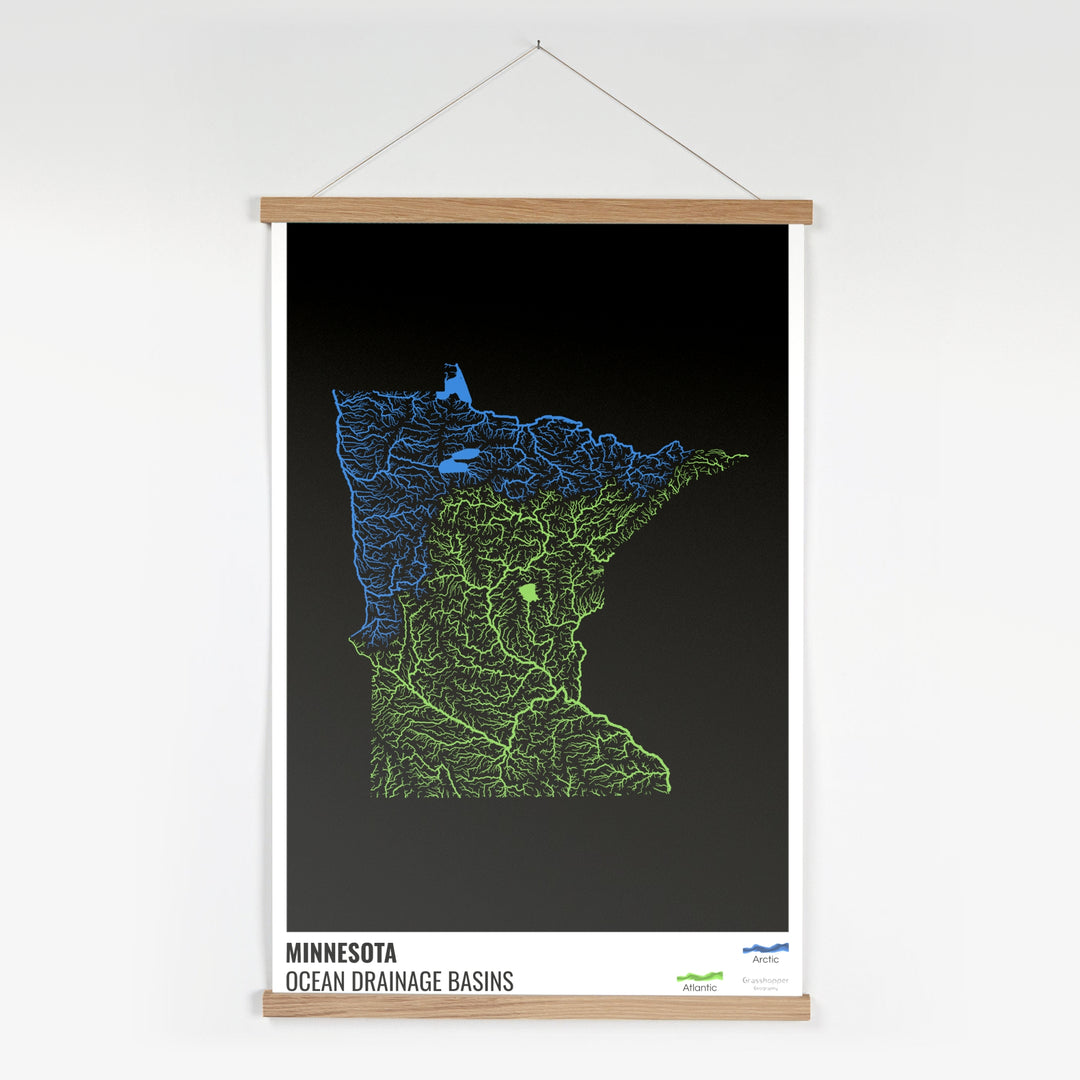 Minnesota - Carte du bassin versant océanique, noire avec légende v1 - Tirage d'art avec cintre