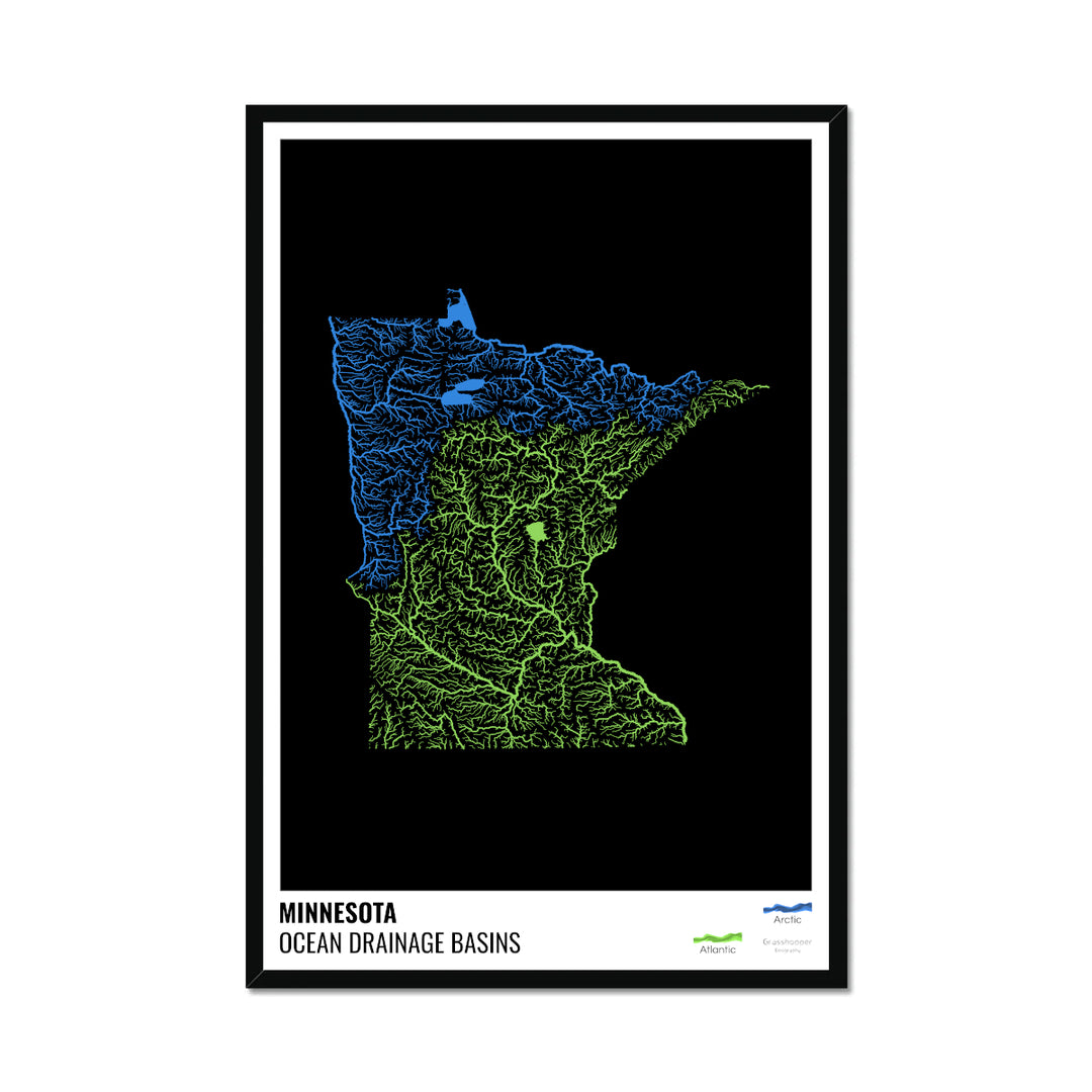 Minnesota - Ocean drainage basin map, black with legend v1 - Framed Print