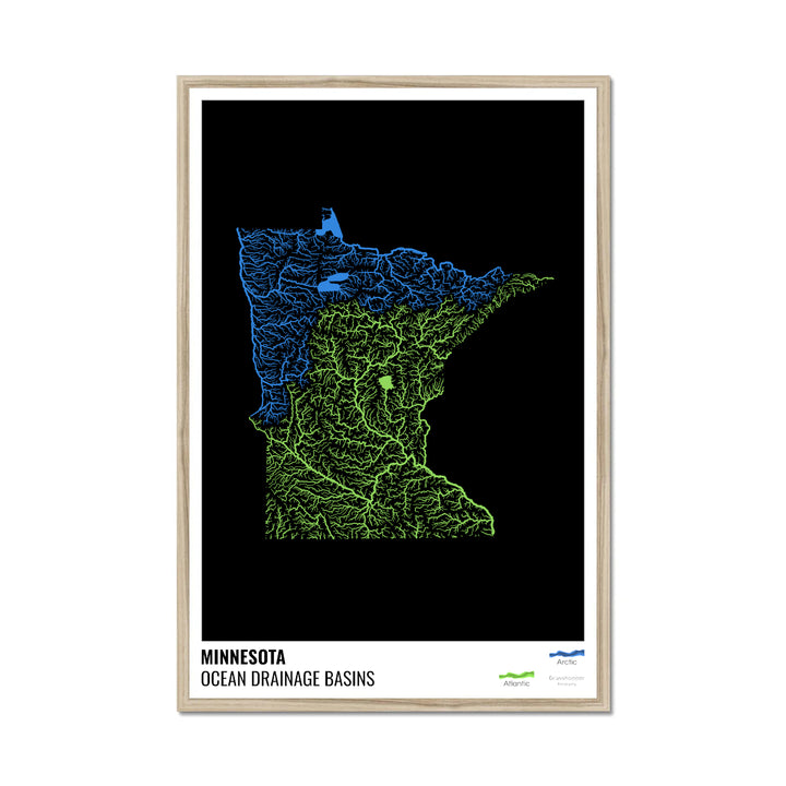 Minnesota - Carte du bassin versant océanique, noire avec légende v1 - Impression encadrée