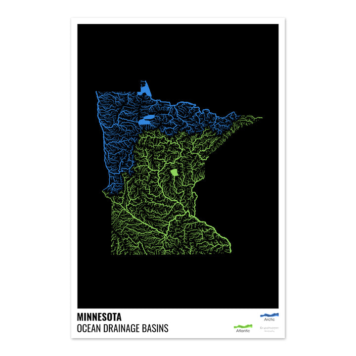 Minnesota - Mapa de la cuenca de drenaje oceánico, negro con leyenda v1 - Impresión de bellas artes
