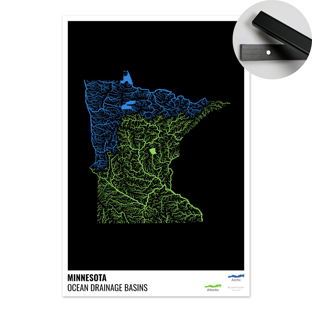 Minnesota - Mapa de la cuenca de drenaje oceánico, negro con leyenda v1 - Impresión artística con colgador
