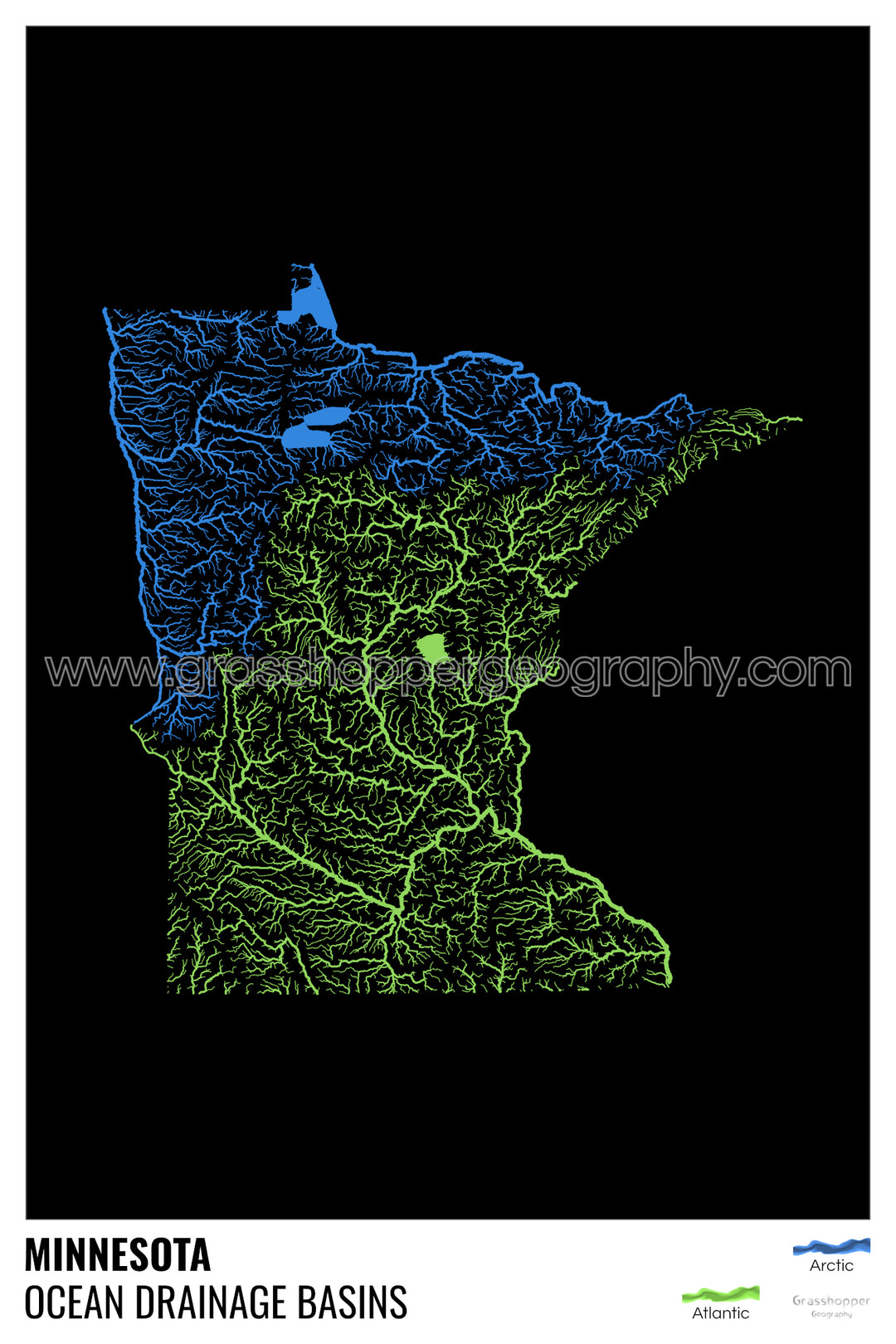 Minnesota - Mapa de la cuenca hidrográfica del océano, negro con leyenda v1 - Impresión fotográfica