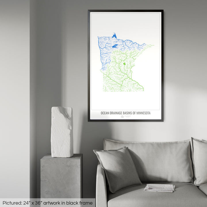 Minnesota - Ocean drainage basin map, white v1 - Framed Print